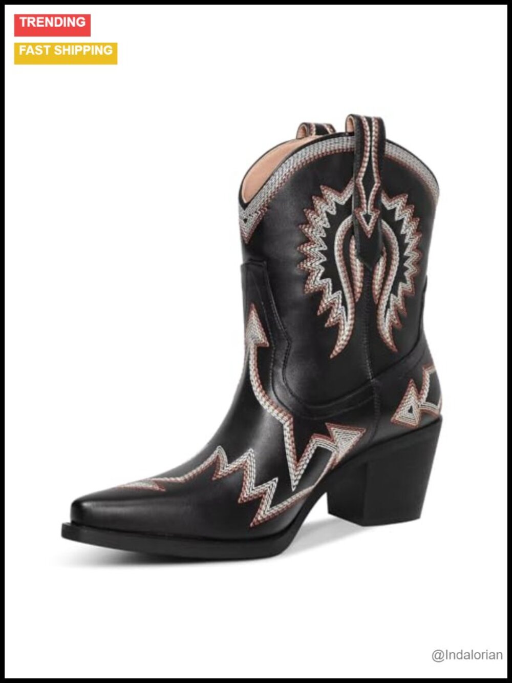 Women's Western Ankle Cowboy Boots Chunky Pointed Toe Wide Calf